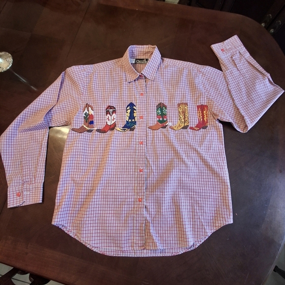 Croquet Tops - Croquet Thailand Shirt Pink Gingham Embroidered Western Boots Women Size Medium